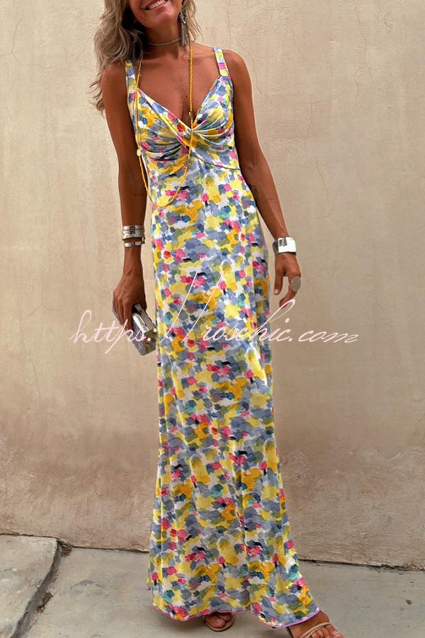 Flora Watercolor Print Crossover Neck Wide Straps Stretch Maxi Dress