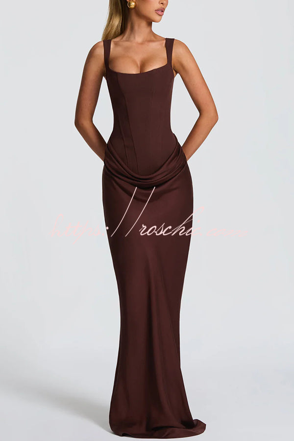 Larrah Square Neck Back Lace-up Satin Drape Hem Maxi Dress, Coffee / S Larrah Square Neck Back Lace-up Satin Drape Hem Maxi Dress, Coffee / S