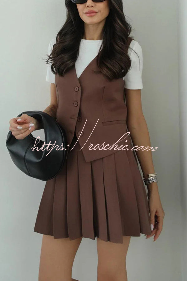 Solid Color Sleeveless Buttoned Vest and High-waisted Pleated Mini Skirt Set