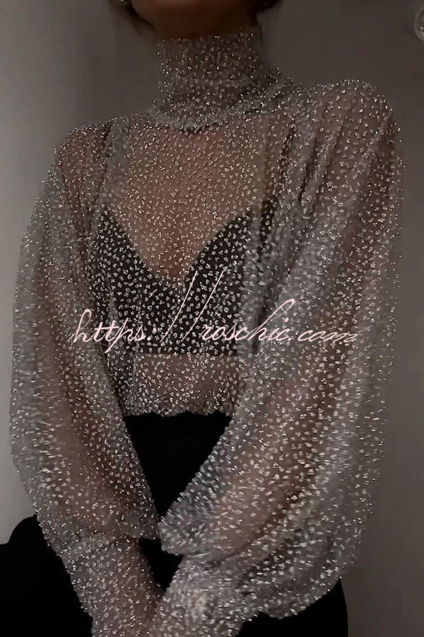 Wear Tool Glitter Decoration Mesh High Neck Lantern Sleeve Blouse