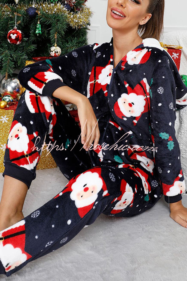 Festive Flavors Printed Flannel  Zipper Pocket Hooded Pajama Jumpsuit