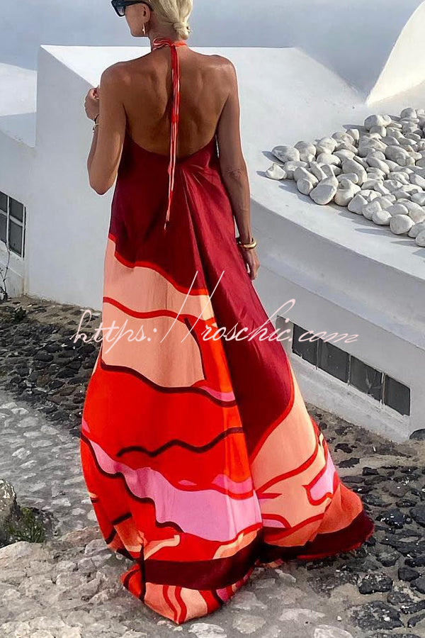 Vacay Happy Hour Printed Halter Backless A-line Maxi Dress