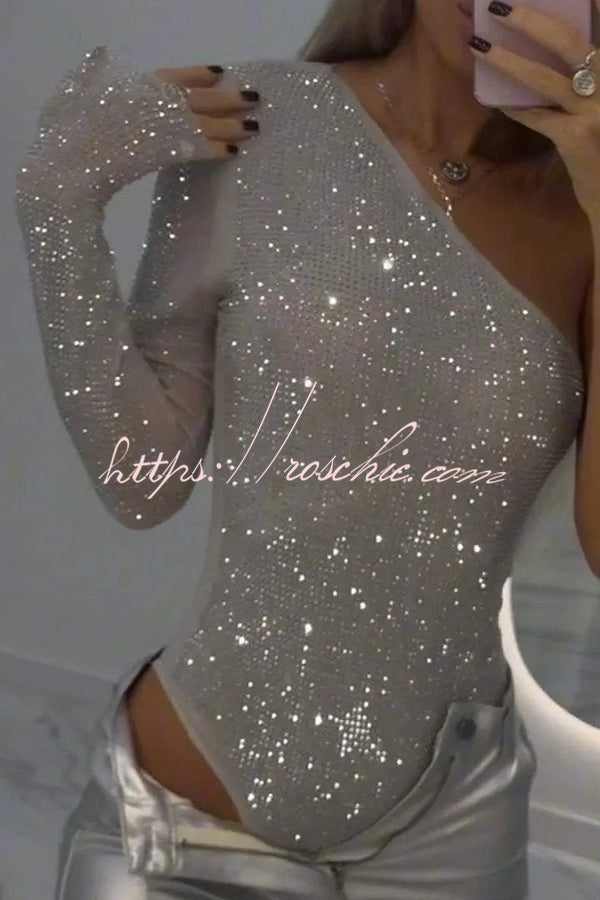 Solid Color Sequined One-shoulder Slim-fit Rompers