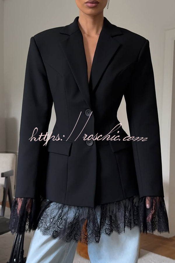 Solid Color Lace Panel Long Sleeve Button Elegant Blazer