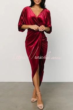 Brendy V Neck Half Sleeve Velvet Pleated Midi Dress