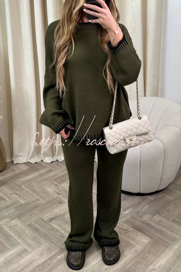 Life Memories Knit Contrast Stitch Trim Pullover Sweater and Stretch Loose Pants Set