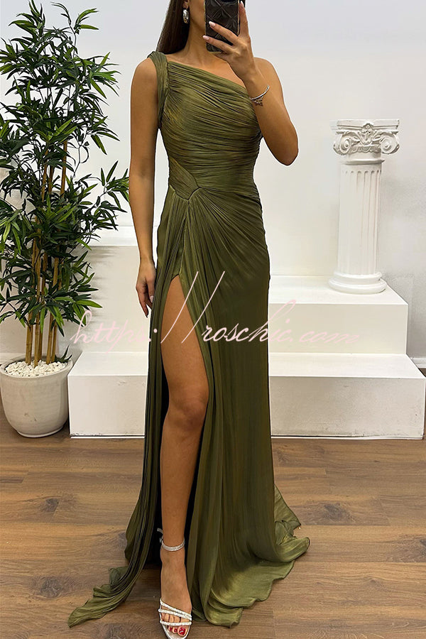 Fashion One-shoulder Pleated Ribbon Slim Slit Maxi Dress