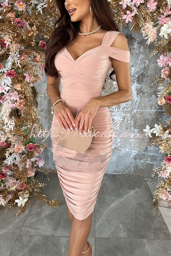 pencil midi dress Raise A Toast Cold Shoulder Ruched Pencil Midi Dress, Apricot / L