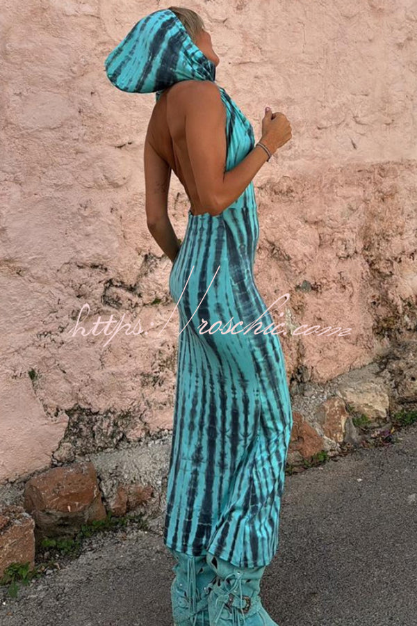 Pietra Tie Dye Print Scoop Neck Backless Hooded Stretch Maxi Dress