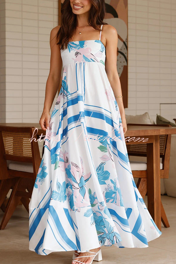 Botanical Print Halter Square Neck Pleated Loose Maxi Dress
