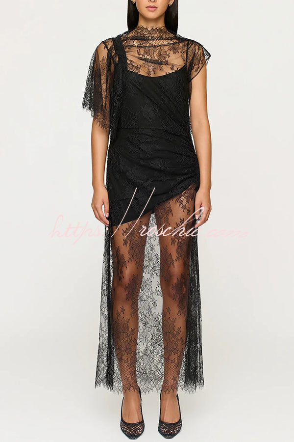 Romantic Statement Lace One Shoulder Bell Sleeve Asymmetrical Maxi Dress