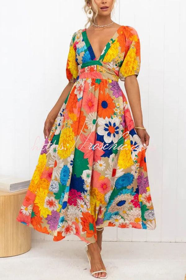 Floral Frenzy Printed Puff Sleeve Back Smocked Maxi Dress