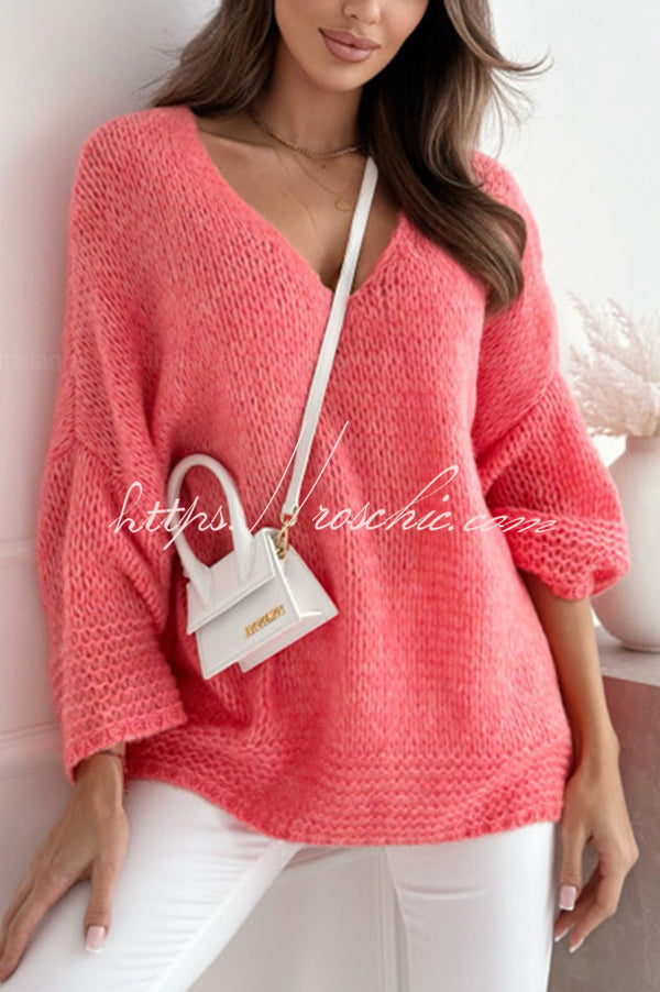 Solid Color Loose V-neck Casual Knitted Sweater