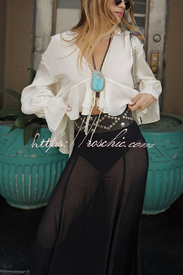 Boho Forever Chiffon Ruffles Balloon Sleeve Tie-up Blouse