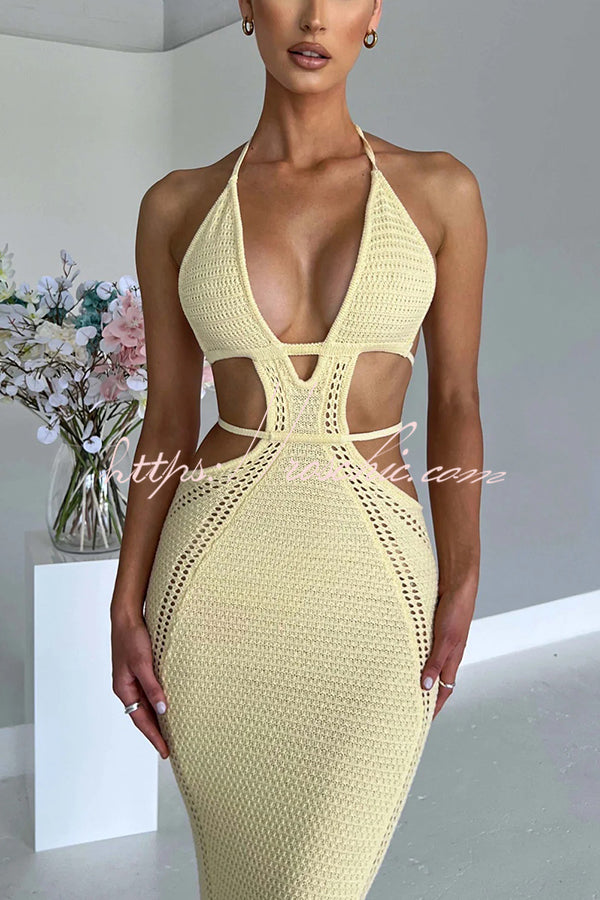 Effortlessly Cool and Sexy Knit Crochet Cutout Halter Tie-up Stretch Maxi Dress