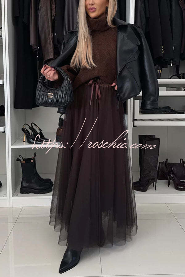 Romantic Winter Tulle Bow Elastic Waist Pleated Maxi Skirt