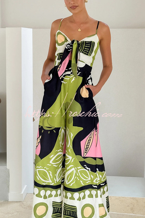 Unique Print Back Pleated Suspender Wide-leg Jumpsuit