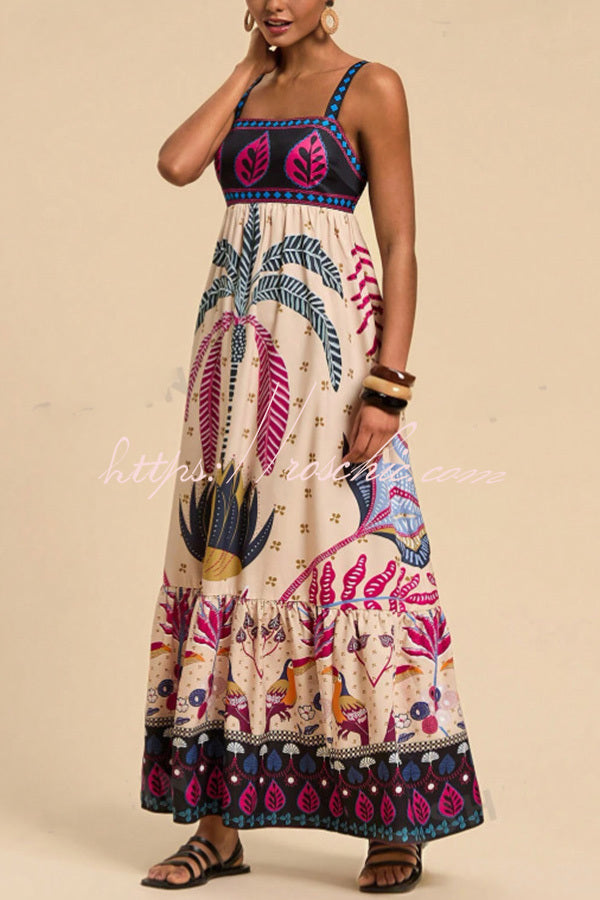 Bohemian Tropical Print Backless Casual Resort Maxi Dress, Multicolor / S Bohemian Tropical Print Backless Casual Resort Maxi Dress, Multicolor / S