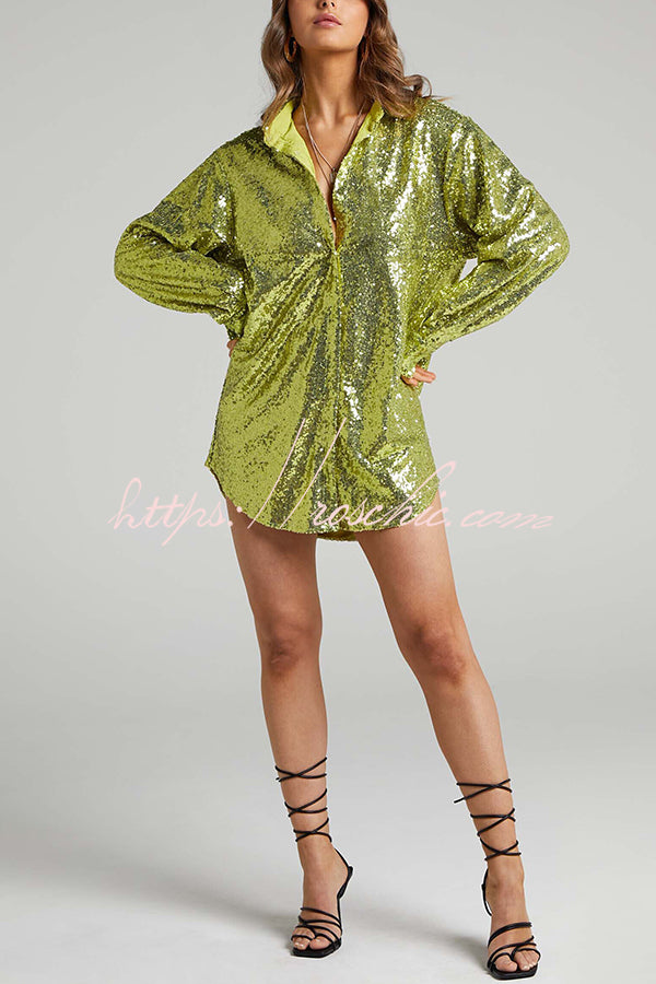 Solid Color Sequined Long-sleeved Casual Mid-length Loose Shirt