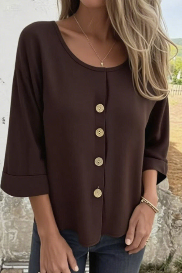 Solid Color Casual Round Neck Button Loose Top