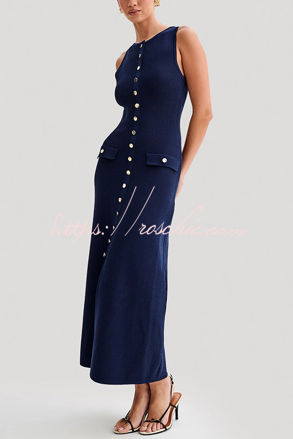 Solid Color Slim Fit Crew Neck Button Up Sleeveless Knitted Maxi Dress