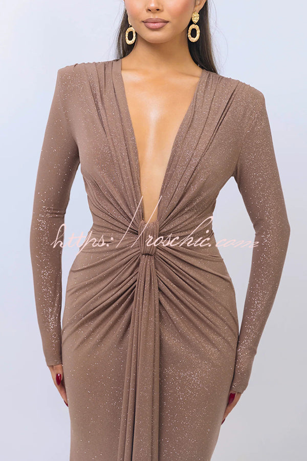 Solid Color Shiny Sexy V-neck Long Sleeve Ribbon Slit Slim Fit Maxi Dress