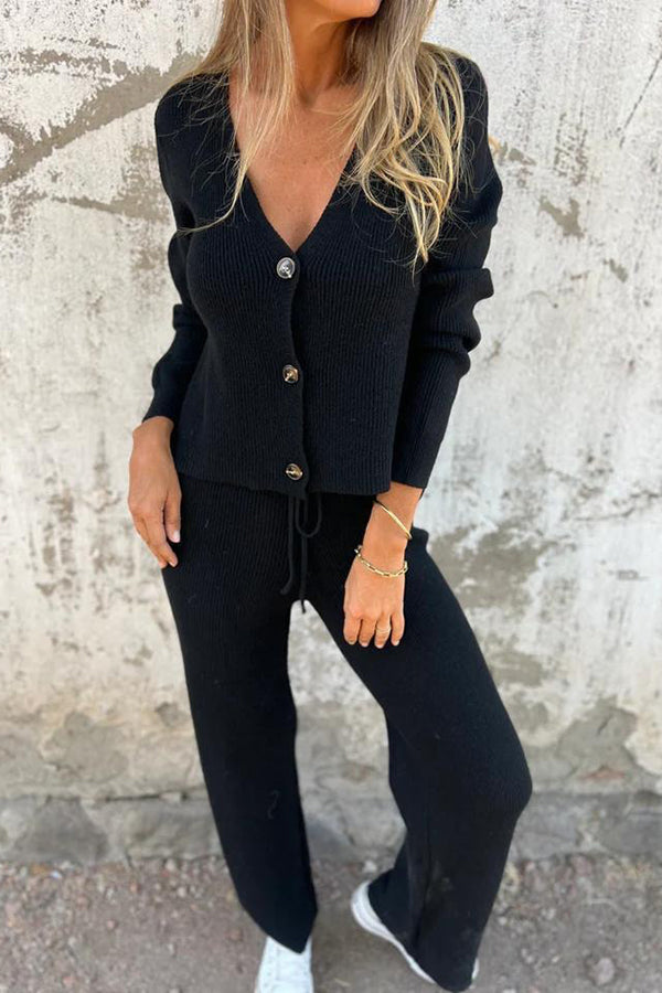 Solid Color V-neck Long-sleeved Button-down Knitted Top and Waist-tied Casual Straight-leg Pants Set