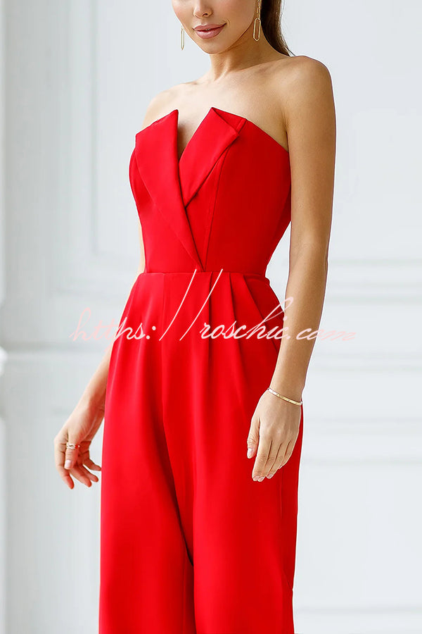 Tuxedo-style Off Shoulder Pocket Wide Leg Formal Jumpsuit