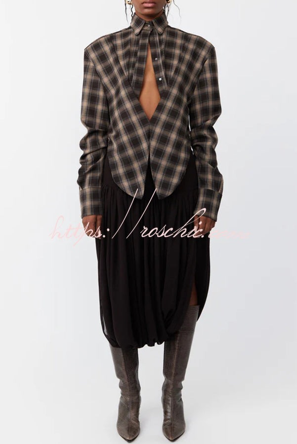 Vintage Plaid Shoulder Pad Buttons Long Sleeve Angled Hem Shirt