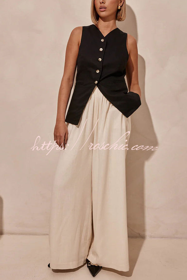 Billie Linen Blend High Rise Elastic Waist Pocketed Wide Leg Pants