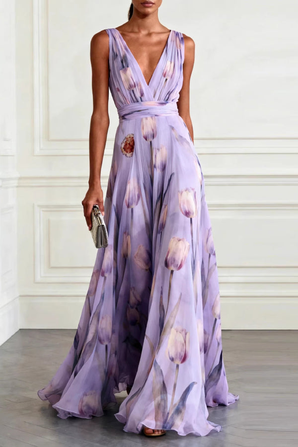 tulip maxi dress Print V-Neck Sleeveless Elegant Waist-Defining Size:LGE 2) / M (4 fw2024new Alex Evenings Elizabeth Cap
