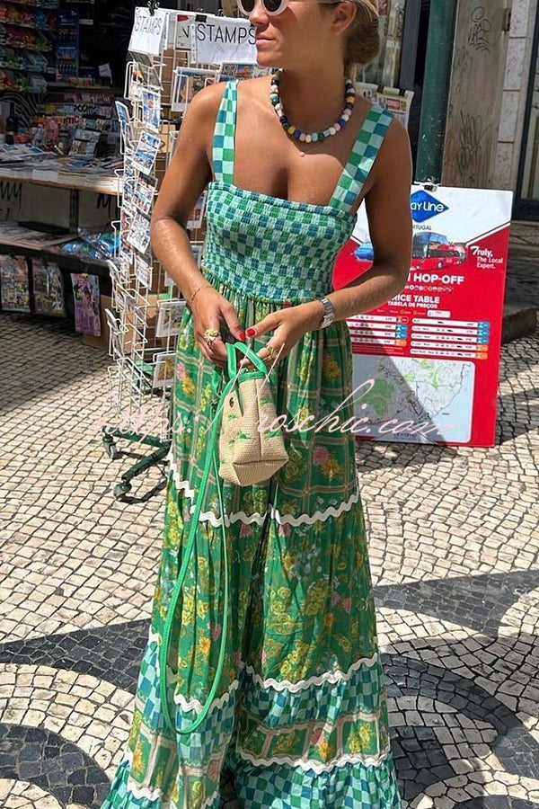 Yolanda Ric Rac Trims Unique Print Smocked Bust Back Lace-up Maxi Dress