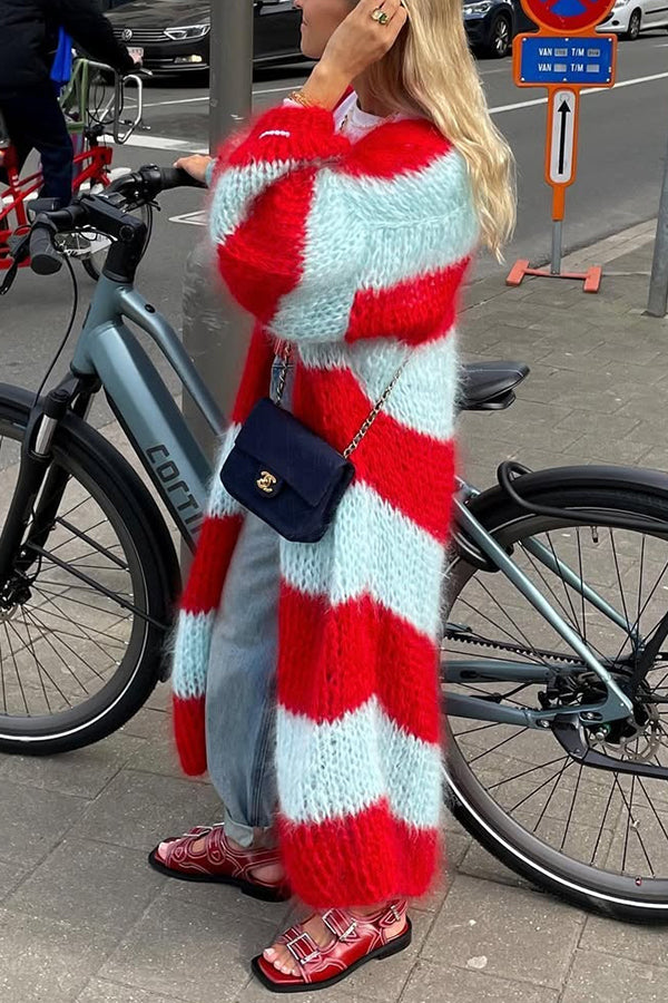 Fashionable Contrast Stripes Lazy Style Loose Long Knitted Cardigan