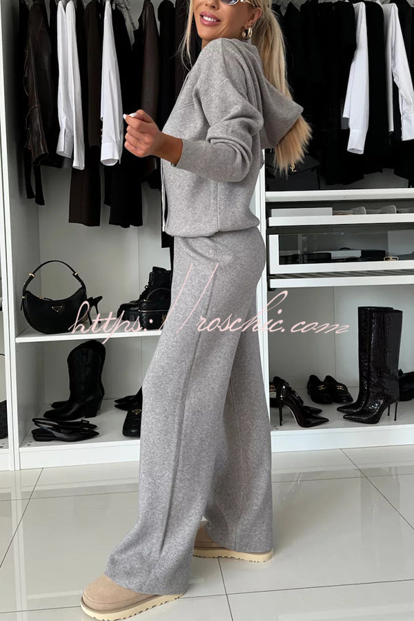 Solid Color Loose Hooded Tie Sweatshirt and Elastic Waist Casual Straight Pants Set