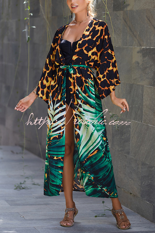 Unique Print Loose Lace Up Holiday Maxi Cover Up