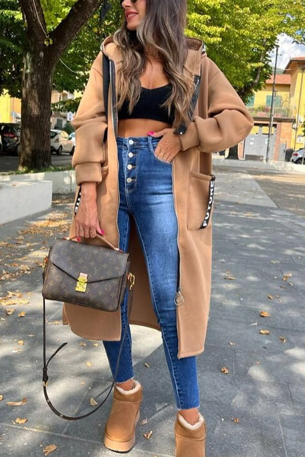 Fashionable and Casual Hooded Zipper Pocket Loose Long Coat