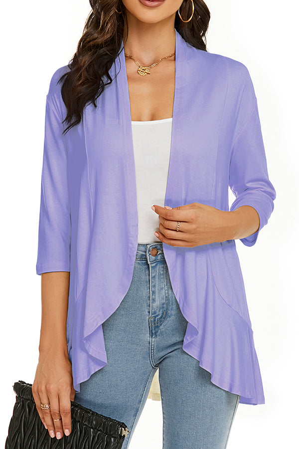 Solid Color Casual Three-quarter Sleeve Ruffled Loose Cardigan