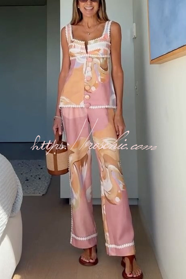 European Summer Linen Blend Ric Rac Trims High Rise Pocket Loose Pants