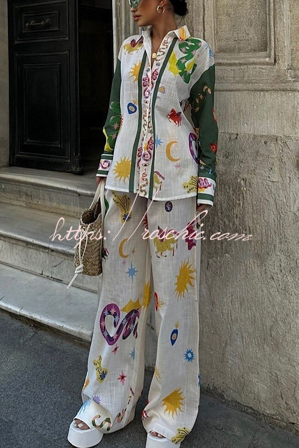 Zoie Linen Blend Unique Print Long Sleeve Loose Shirt and Elastic Waist Pocketed Pants Set