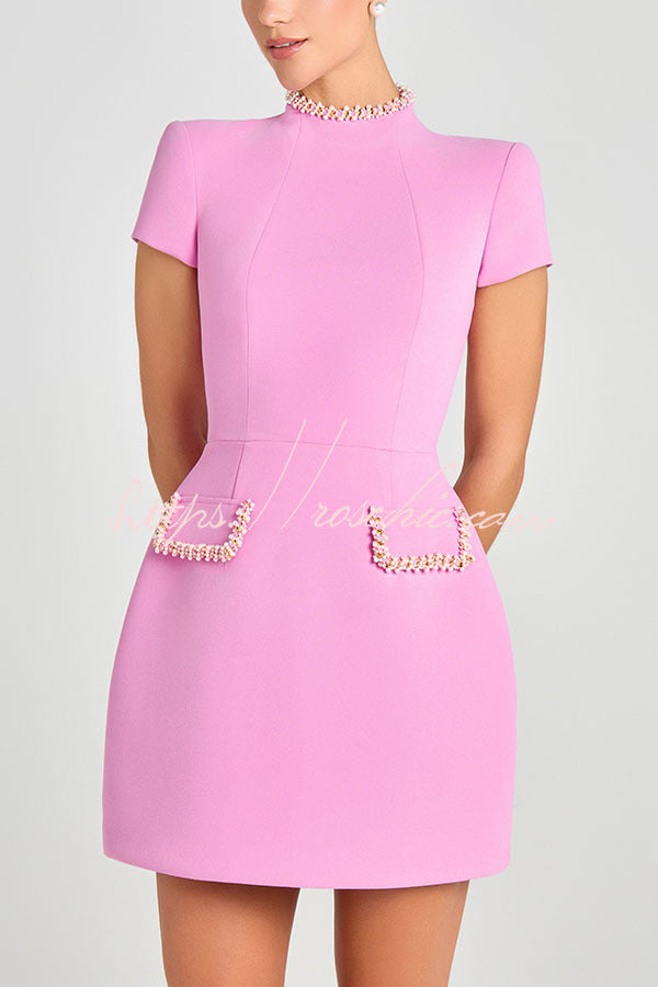 Sweet and Elegant Scent Pearl Trim Short Sleeve Pocketed Mini Dress roschic Sweet and Elegant Scent Pearl Trim Short Sleeve Pocketed Mini Dress roschic