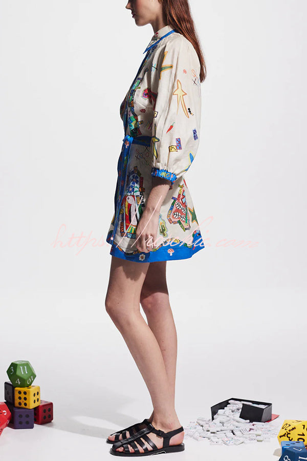 Linen Blend Unique Printed Balloon Sleeve Pocket Tie Waist Mini Dress