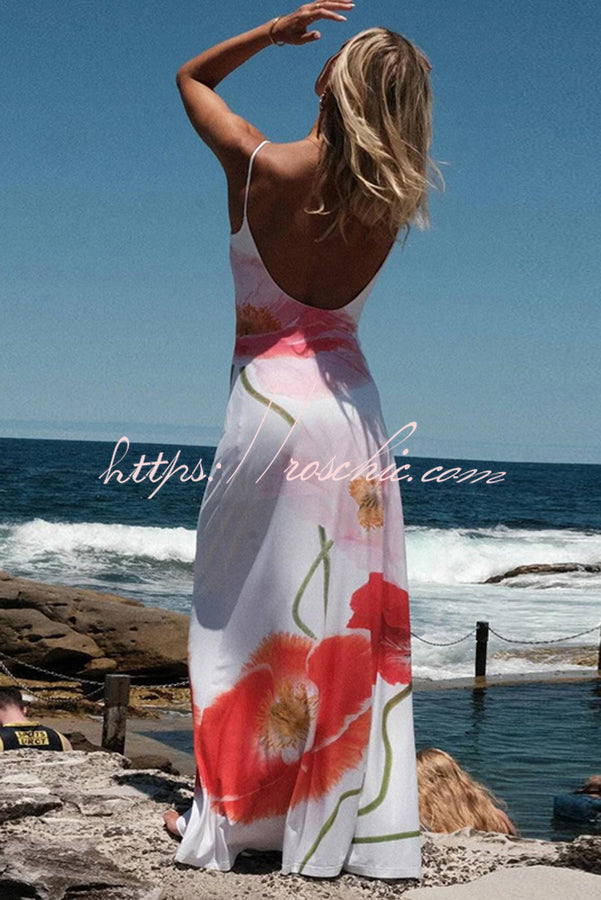 Romantic Beginnings Poppy Blossom Slip Floral Stretch Vacation Maxi Dress