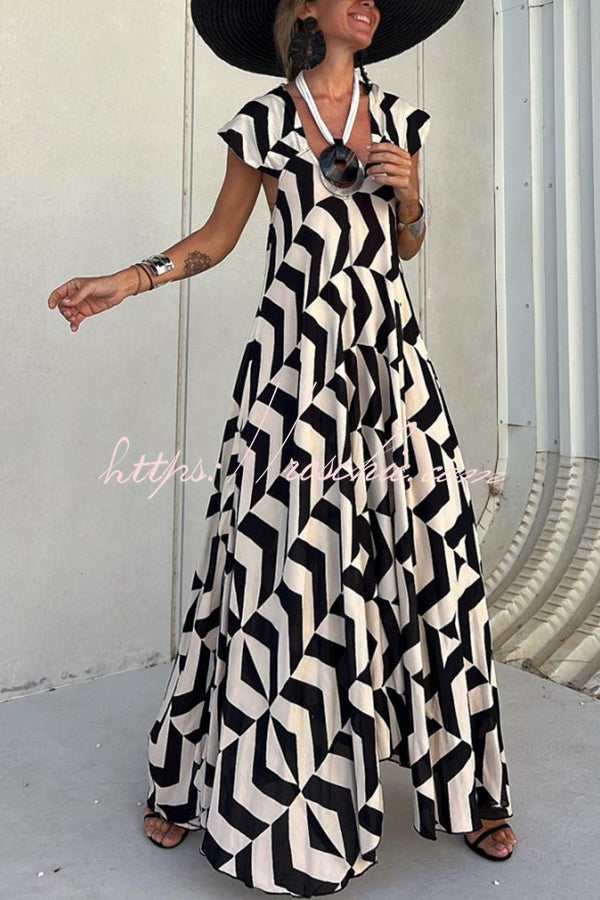 Fresh Breeze Ethnic Unique Print Ruffle Sleeve A-line Maxi Dress