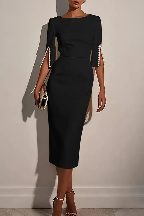 Solid Color Elegant Round Neck Half Sleeve Beaded Decorated Slim Fit Midi Dress, Black / 2XL