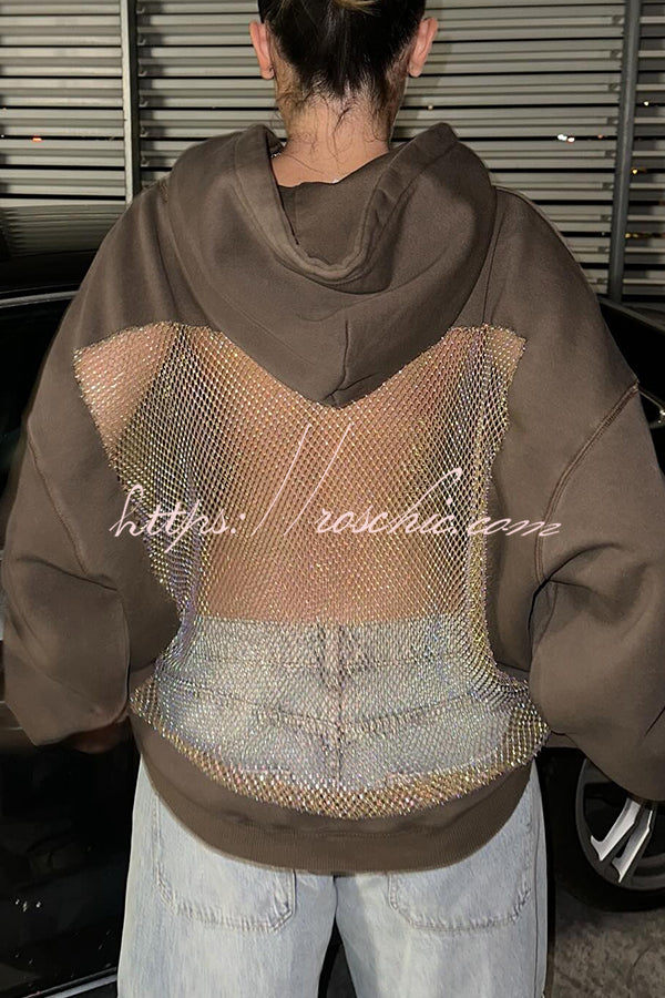 Fashionable Shiny Mesh Hollow Back Loose Long-sleeved Hooded Sweatshirt