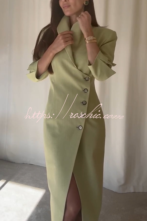 Elegant Look Linen Blend Stand Lapel Neck Half Sleeve Side Button Midi Dress