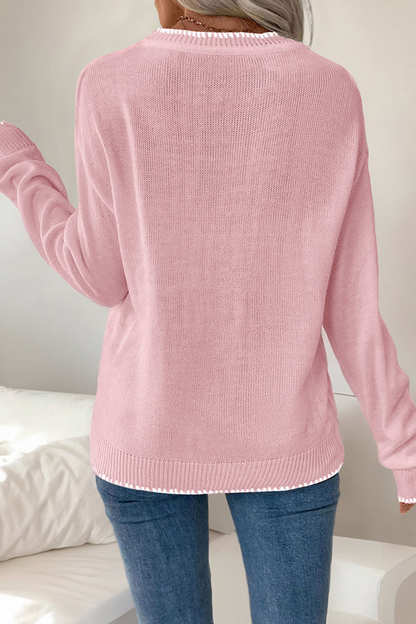 Christmas Contrasting Color Big Bow Round Neck Long Sleeve Loose Knitted Sweater