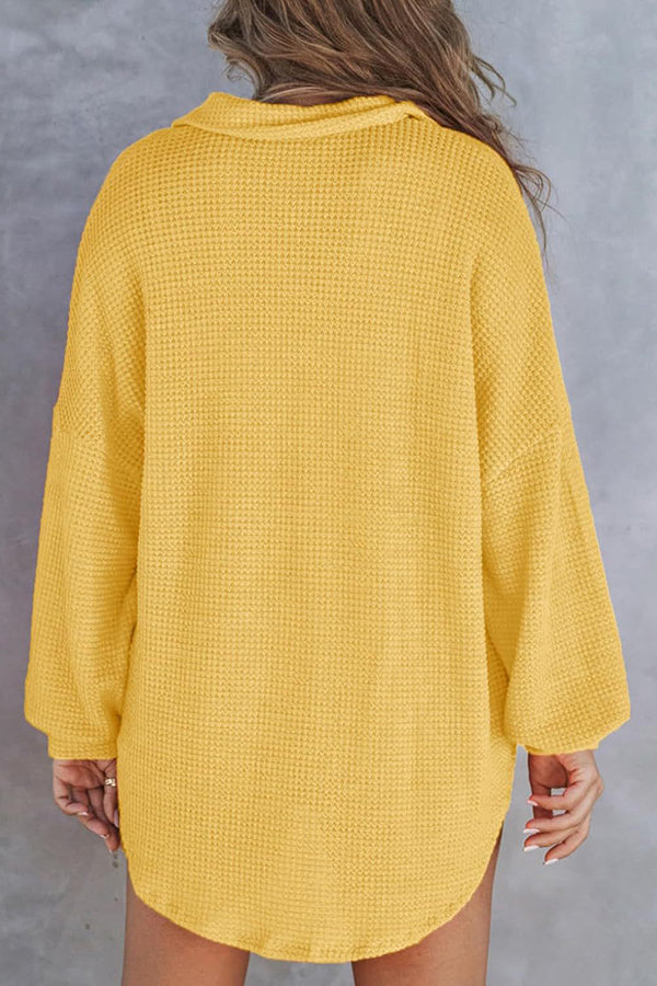 Solid Color Waffle Loose Casual Knitted Pocket Top