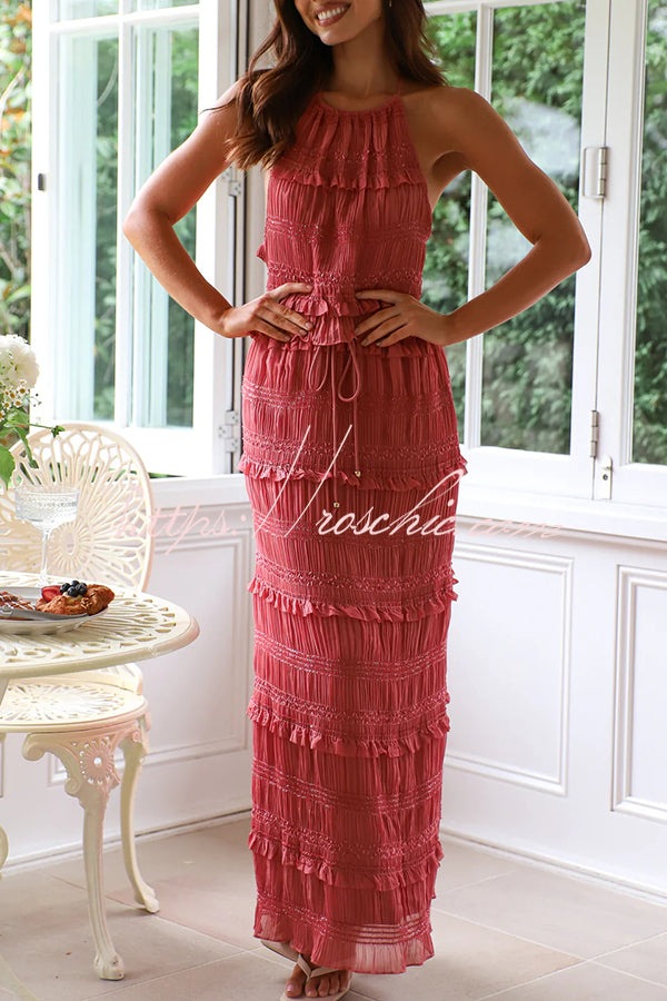 Feel Chic and Romantic Sequin Textured Material Drawstring Waist Tiered Maxi Skirt