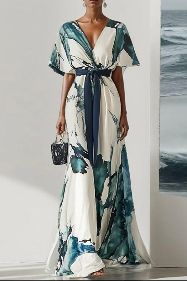 Unique Printed V-neck Short-sleeved Waist-tied Maxi Dress
